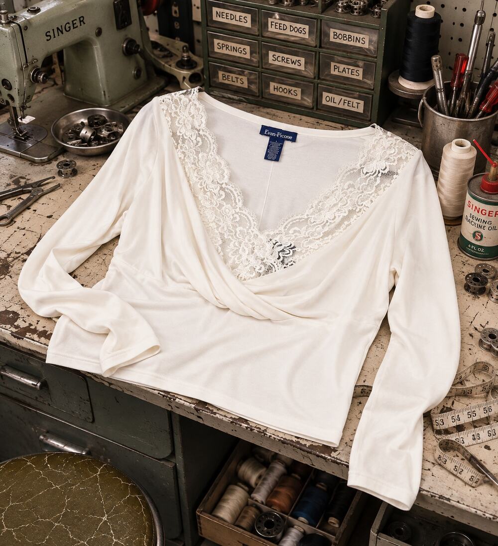 Evan-Picone Ivory Lace Trim Surplice Long Sleeve Top Size L